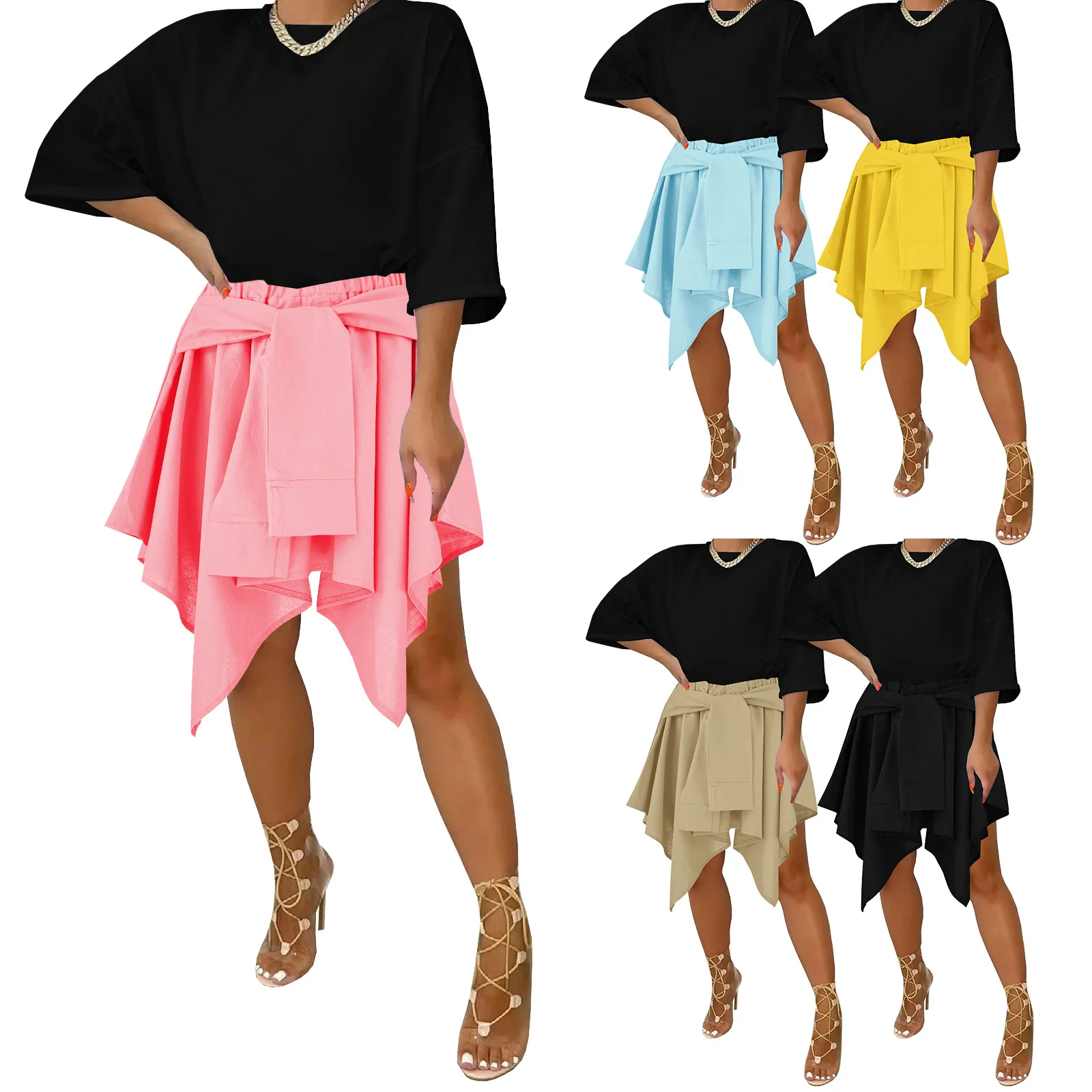 

2022 Casual Women Skirt Dress Solid Color Pleated Bandage Mini Dress High Streetwear Summer Clothes For Women Vestidos