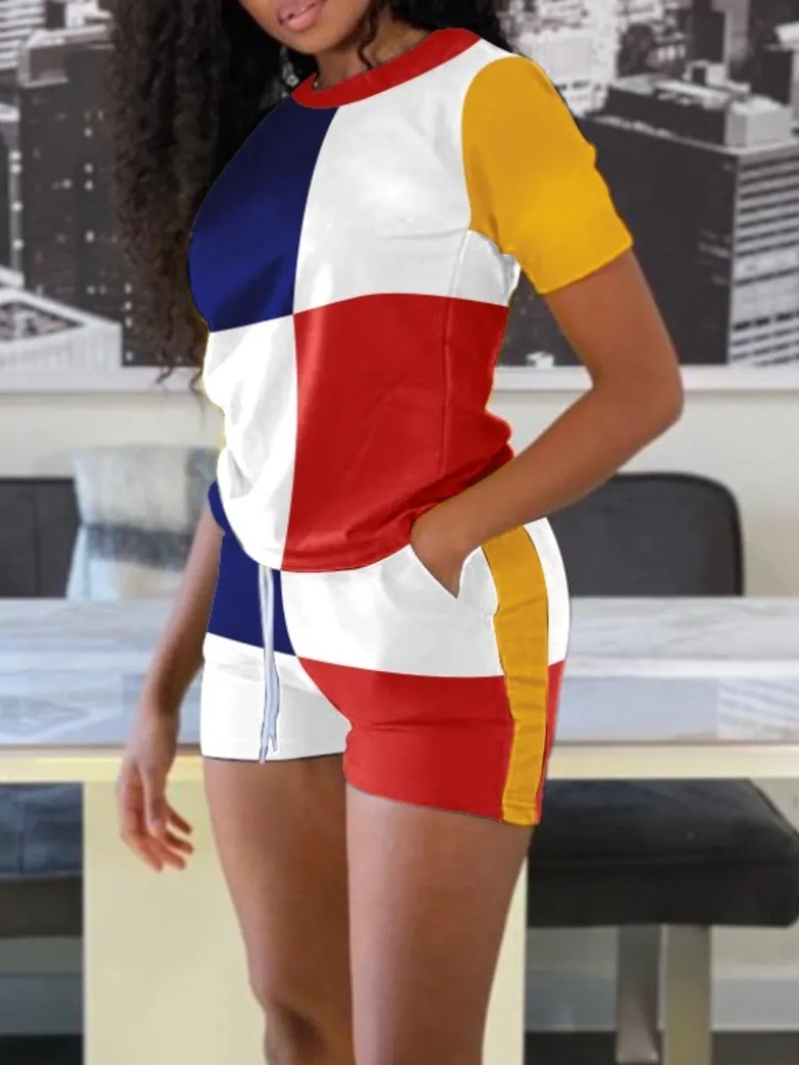 LW Plus Size Women's T-shirt+Hot Pants Two Piece Set Drawstring Shorts Set Summer Casual Sports Fitness Top Shorts Female Suit
