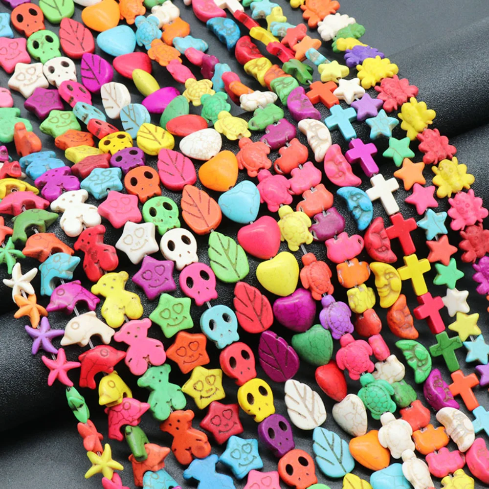 

Colorful Popping Turquoise Carved Loose Beads Accessories Skull Leaves Starfish Moon Turquoise DIY Jewelry Necklace Accessories