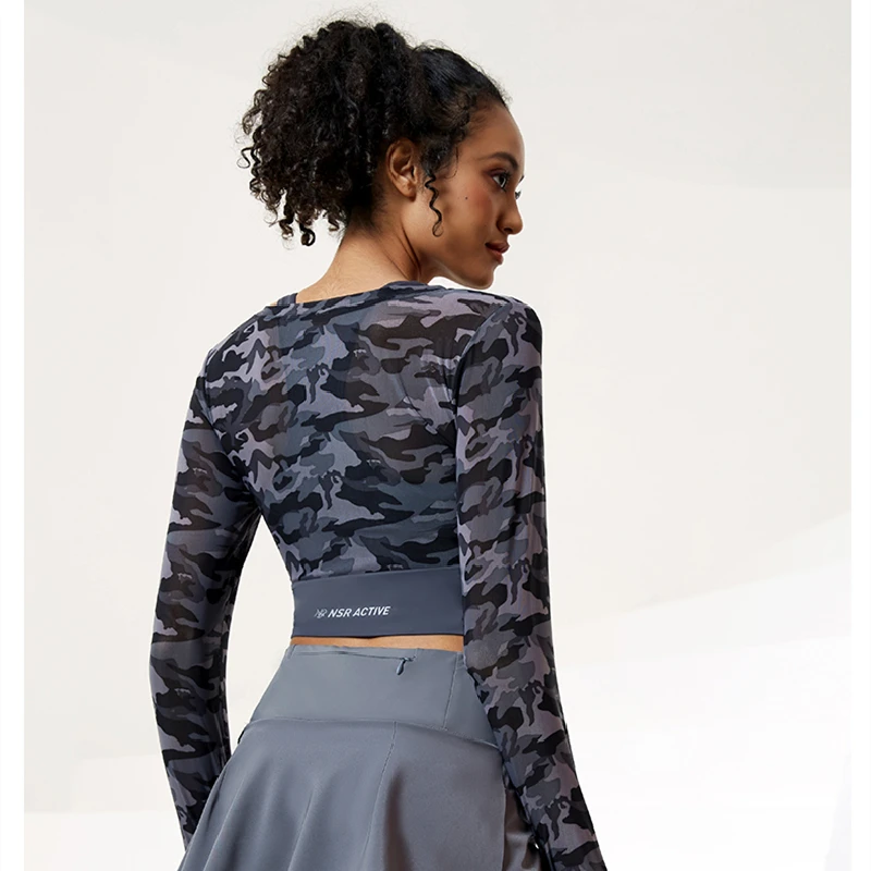 Women Camouflage Long Sleeve 2 in 1 Cross Back Yoga Shirt Mesh Breathable Running Wear Workout Gym Sport Tops With Chest Pad