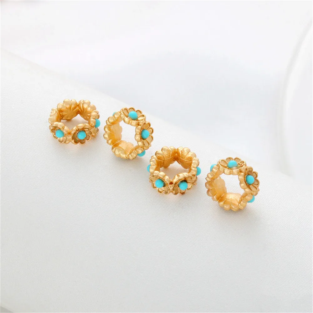 18K matte gold sand gold with turquoise six small flowers running circle garland diy bracelet necklace spacer beads accessories