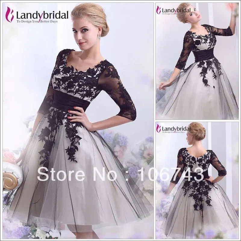

free shipping vestido 15 anos long Sleeves Black and white evening lace appliques Short party prom gown Quinceanera Dresses