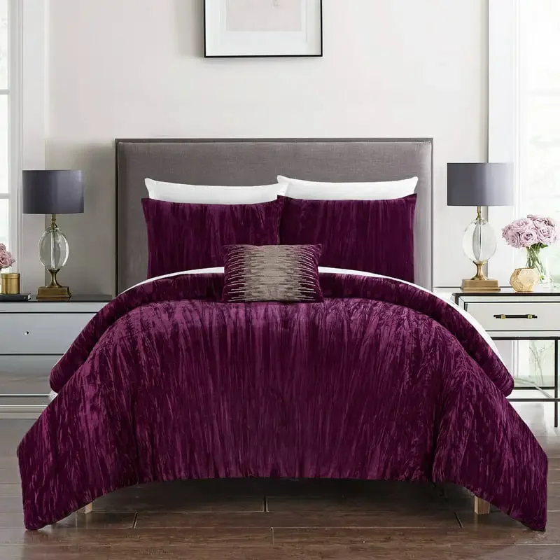 

Kerk 8-Piece Crinkle Crushed Velvet Bed in a Bag Comforter Set, Queen, Plum