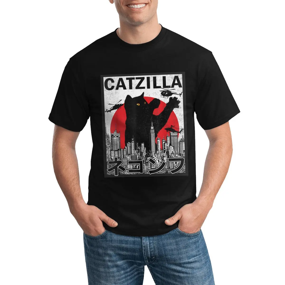 

Catzilla Japanese T Shirt Sunset Cat Man Summer T-Shirt Big Graphic Cotton Tee Shirt