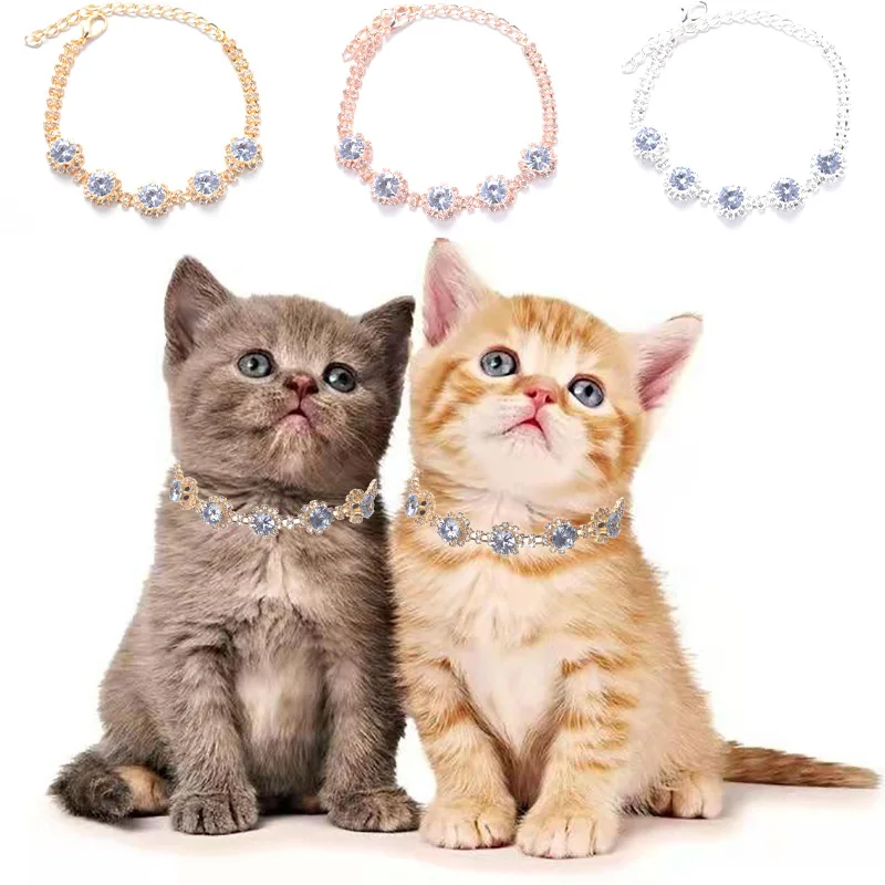 

Cat Crystal Necklace Metal Rhinestone Pendants Pet Collars for Cats Dog Luxury Crystal Decorations Kitten Collar Pet Accessories