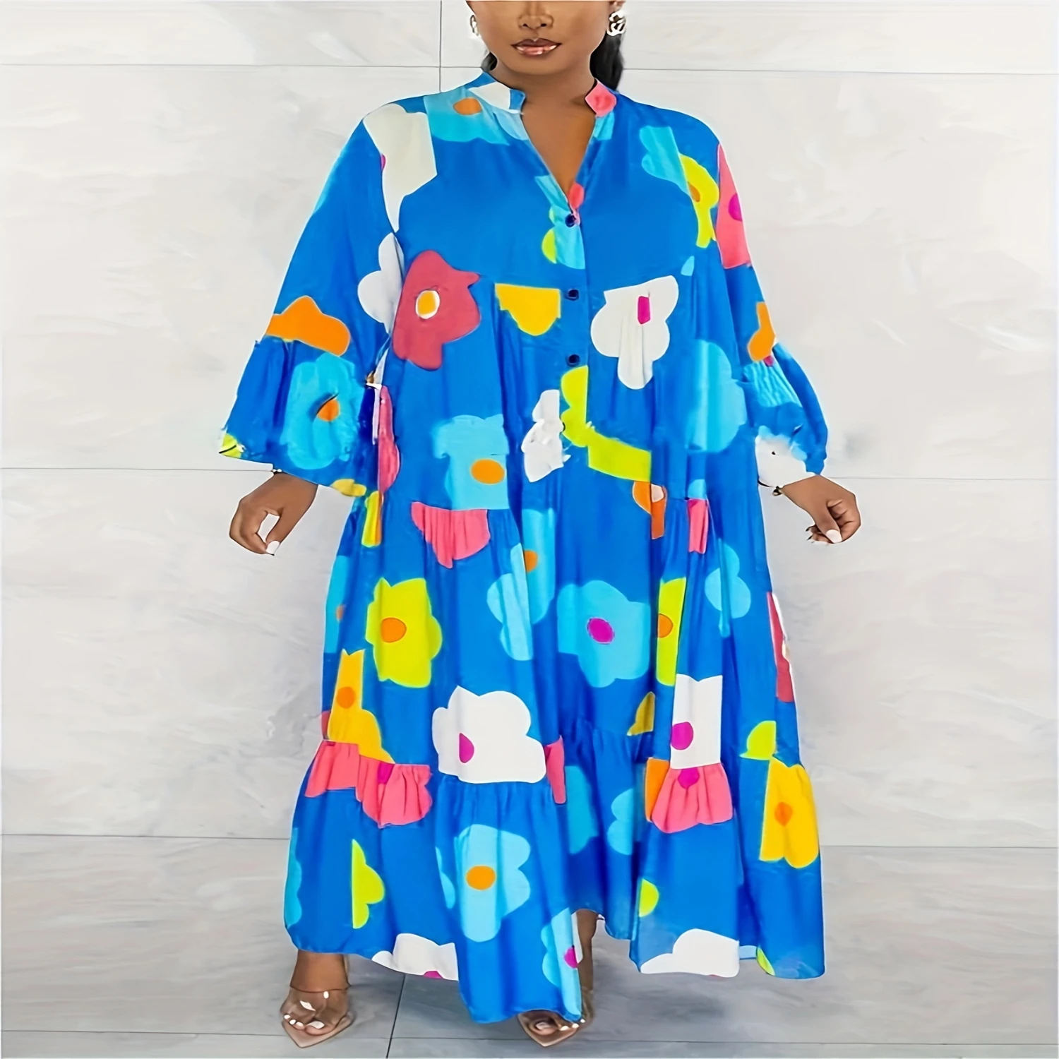 Plus Size Floral Haven Dress - Loose & Comfortable with Vibrant Prints Long Sleeve Button Front for Spring Fall Curvy Wome