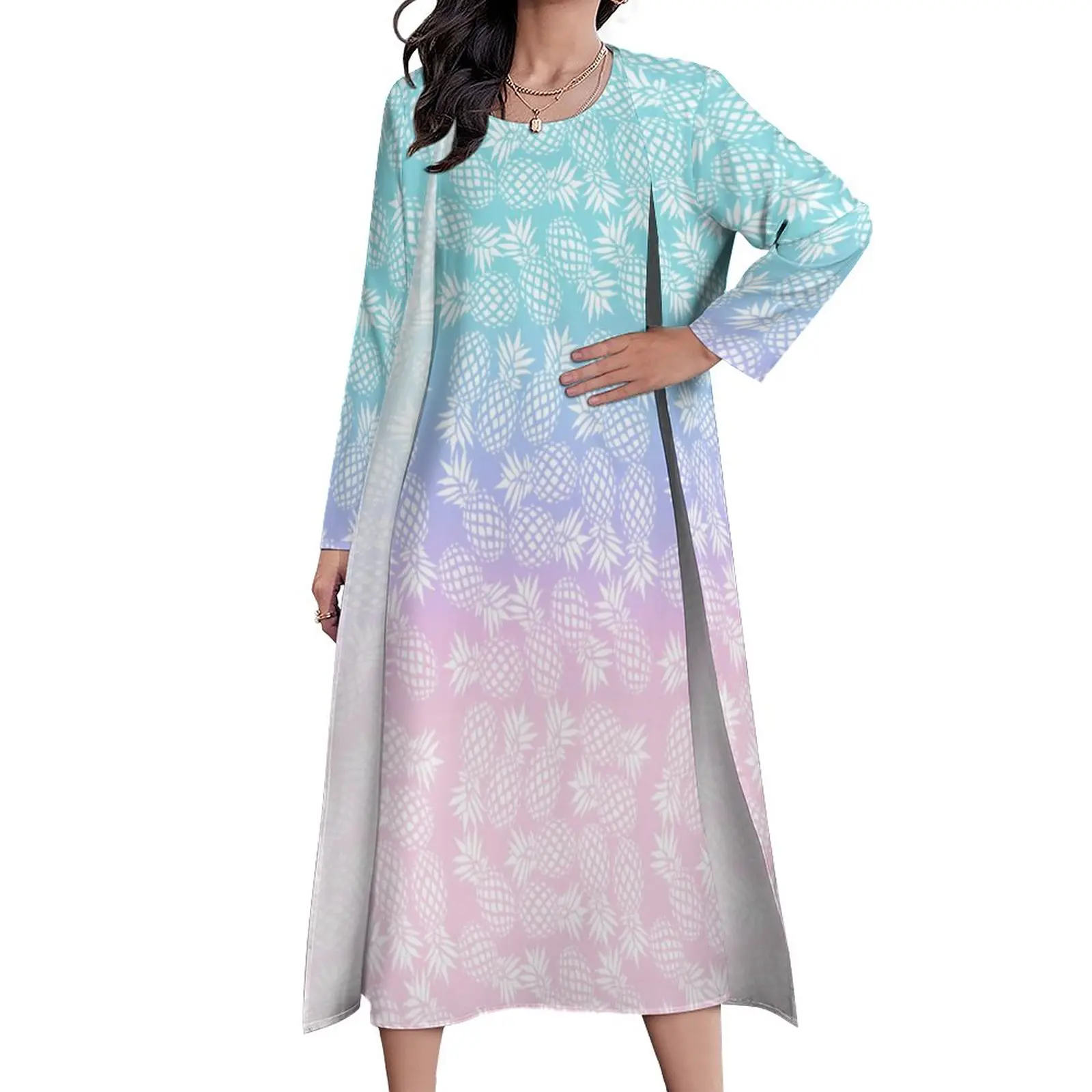 

Забавное платье-макси с принтом в виде ананаса розового и синего цвета с эффектом омбре, длинные платья из двух частей в богемном стиле с гра...