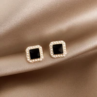 vintage retro pearl square zircon stud earrings for women french geometric shiny zircon green crystal earrings fashion jewelry