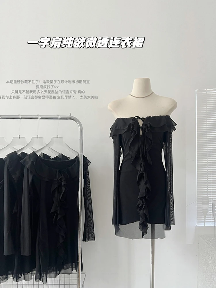 

Женское платье для выпускного вечера, черное платье с вырезом лодочкой и прозрачными рукавами, Клубная одежда Gyaru на шнуровке, корейская мода в стиле 1920-х годов, в готическом стиле, лето 2023