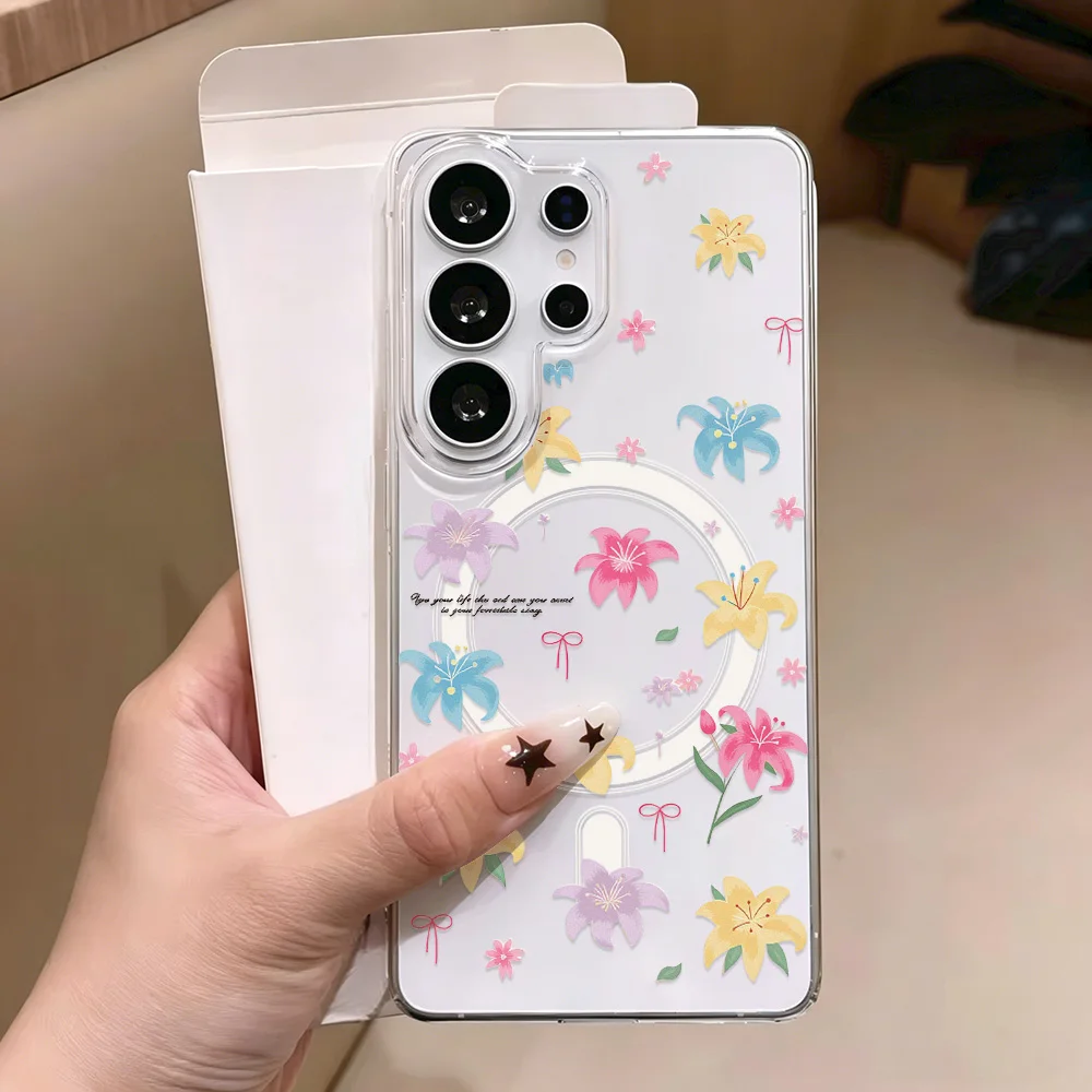 Фото Магнитный чехол для телефона с синим цветком для Samsung A57 A37 S26 Ultra S25 S24 FE S23 A56 A55 A36, прозрачный силиконовый мягкий бампер №4