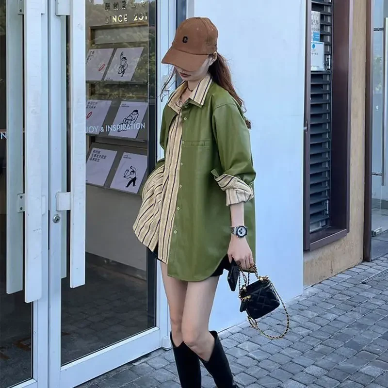 Куртка женская кожаная свободного покроя универсальная нишевая зеленая куртка с