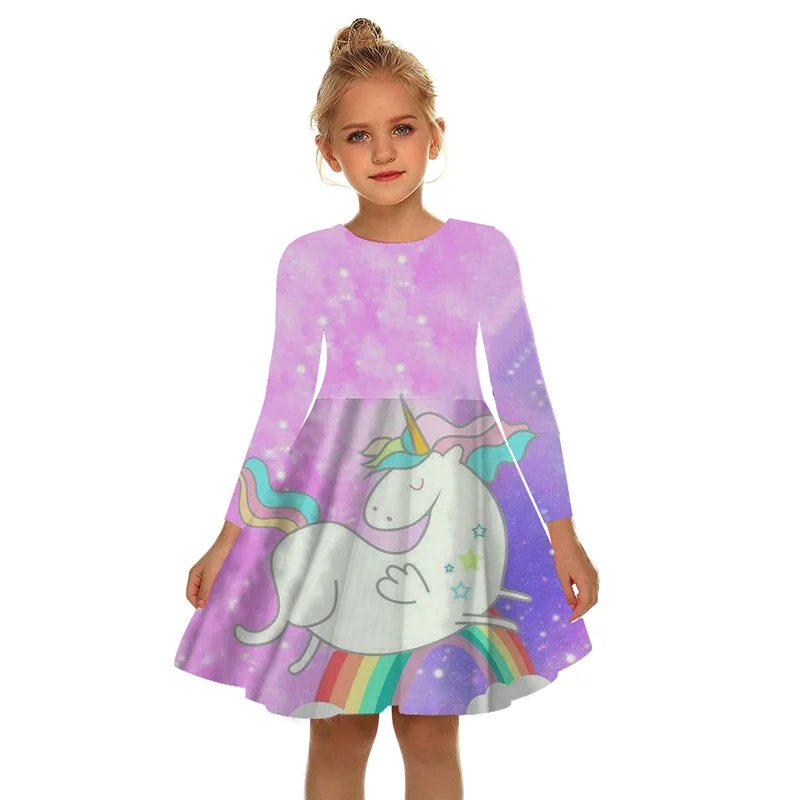 

3D Printed Unicorns Girls Kids Dress Dress Autumn Long Sleeve Elegant Princess Dresses for Children Spring Cartoon Girls Clothes
