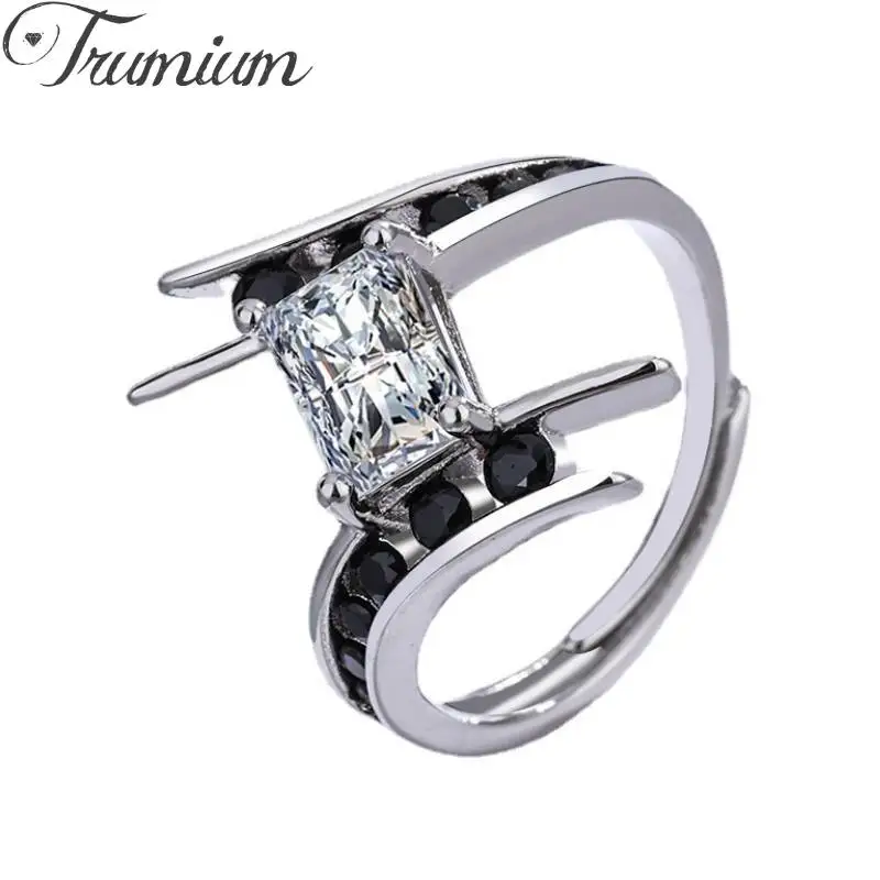 

Trumium Trendy Jewelry Copper Row Black Stone Engagement Rings for Women Bague Adjustable Free Engraving