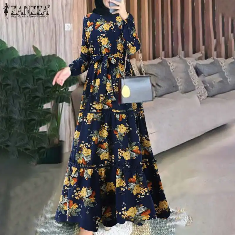 Платье ZANZEA женское многослойное на пуговицах с длинным рукавом и цветочным принтом