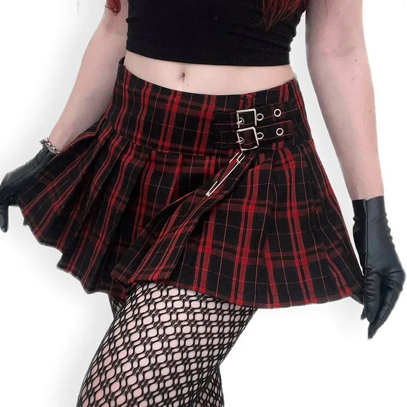 

Red Plaid Skirt Mall Goth Y2k Women Streetwear Cyberpunk Harajuku Grunge High Waist Pleated Vintage Emo Alt Rave Pleated Skirts