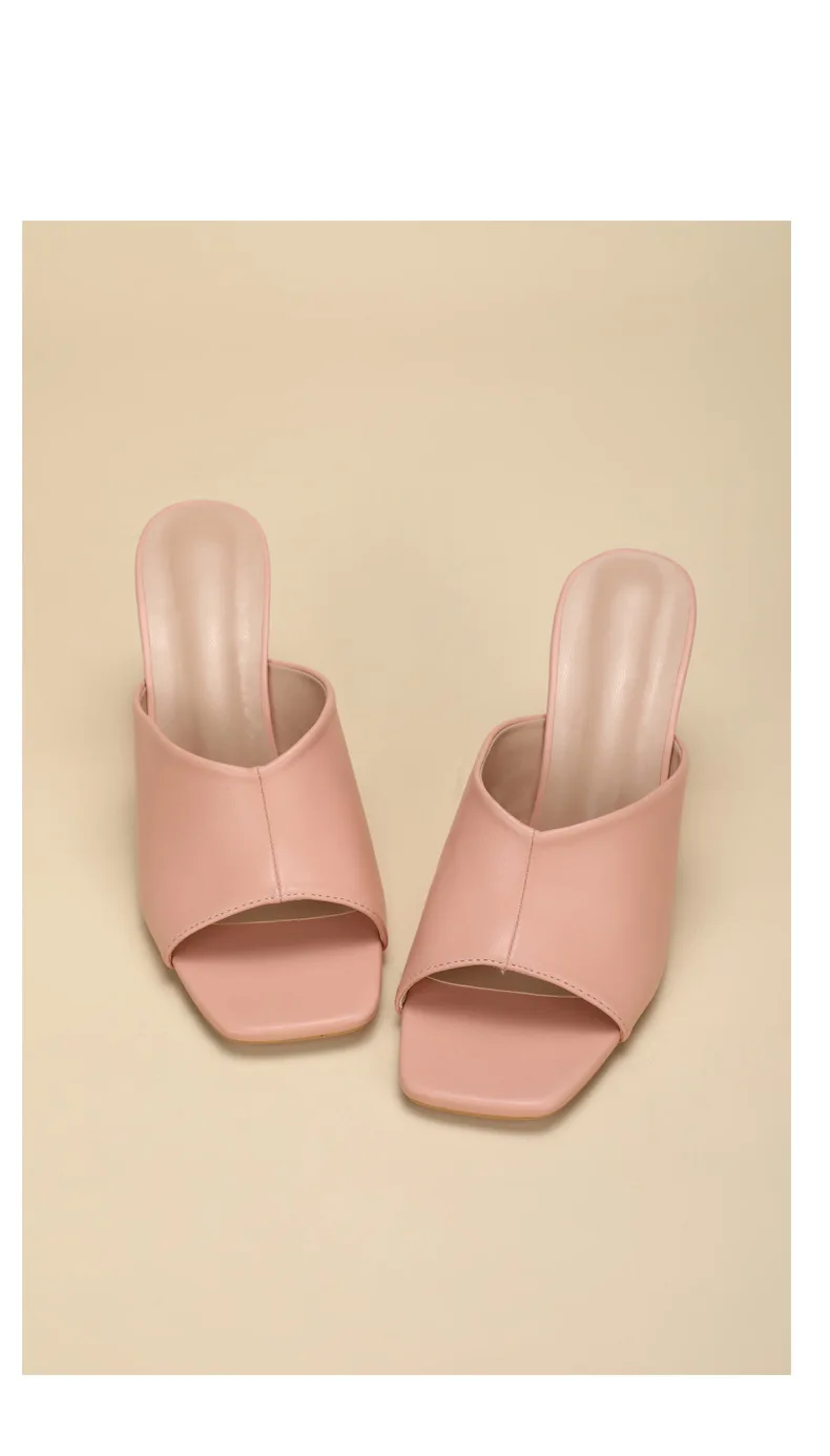 2022 Women Mules Pink Slides Female Thick Block Heels Pumps Sandals Sexy Summer 8cm High Heels Luxury Peep Toe Black Shoes