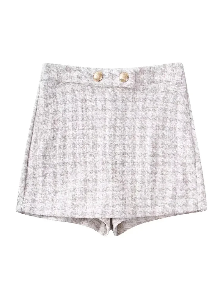 

Fashion Women Beige High Waist Textured Gingham Bermuda Shorts With Gold-Toned Buttons Side Zip Casual Girls Short Pants