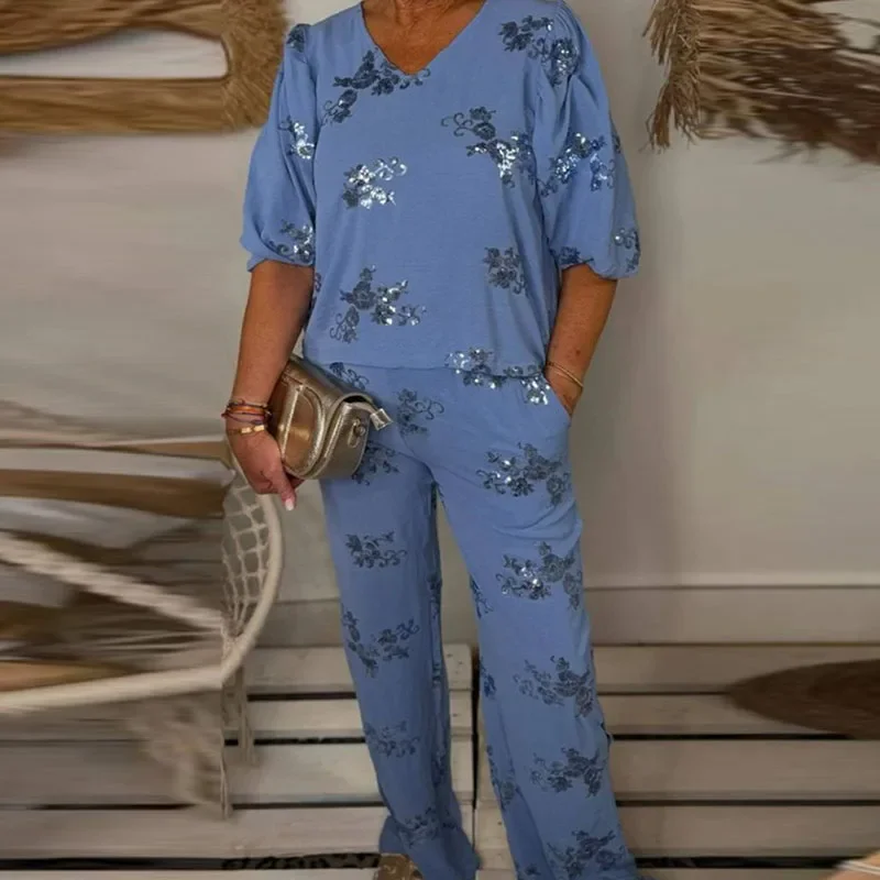 Женский топ и брюки с V-образным вырезом рукавами 3/4 костюмы повседневные