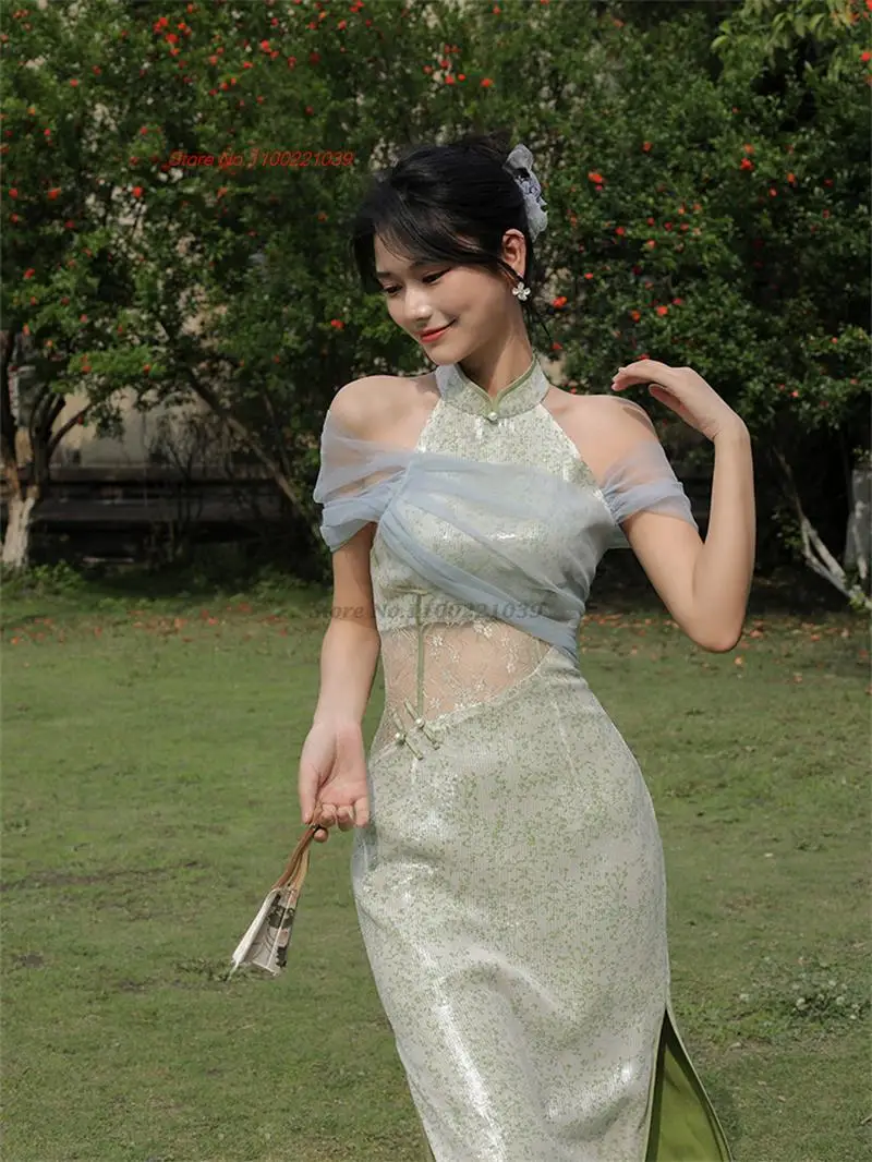 

2023 chinese improved dress qipao women lace dress flower print chiffon qipao sleeveless cheongsam elegant evening dress vestido