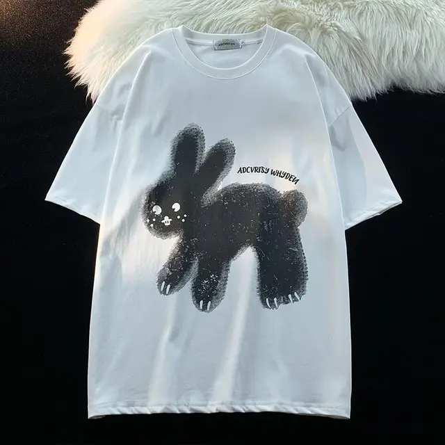 Japanese retro cartoon long-legged rabbit round neck short sleeved t-shirt for men and women ins summer casual lazy couple top 5
