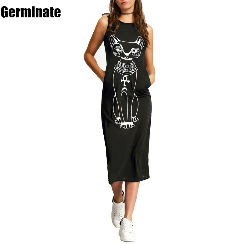 

Sleeveless Midi Dress Women Summer Cat Print Casual Elegant Party Beach Vintage Bodycon Wrap Cotton Black Dresses Sundress