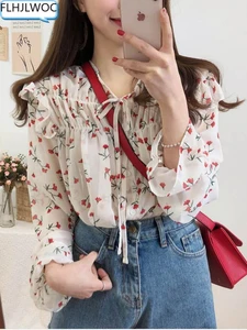 Женская шифоновая блузка с длинным рукавом, красная блузка с цветочным принтом и оборками в Корейском стиле, винтажная блузка с бантом и цветочным принтом