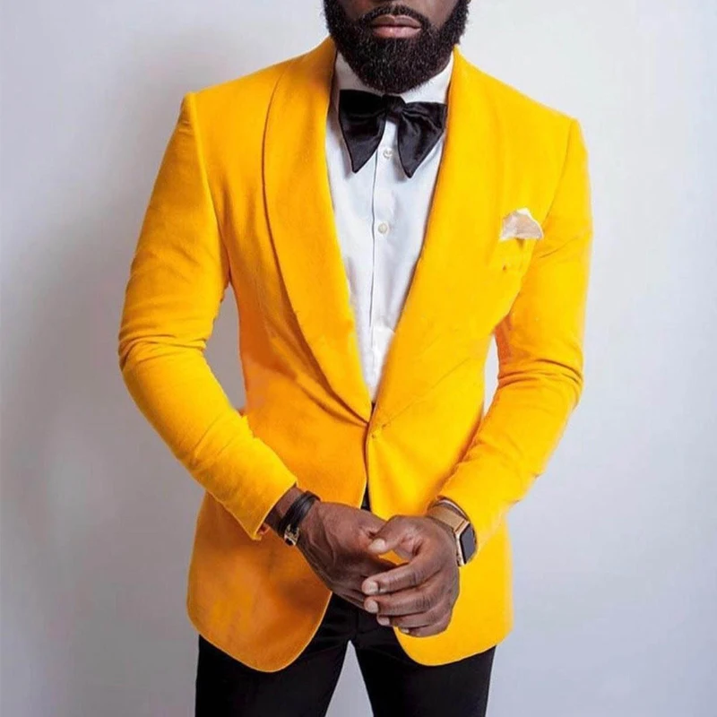 

Slim Fit Velvet Mens Suits for Wedding Prom 2 Piece Male Fashion Yellow Blazer with Black Pants Shawl Lapel Custom Costume