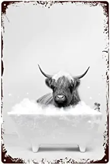 

Fun Highland Cow Wall Art Tin Logo Cute Black and White Long Horn Cow Vintage Appearance