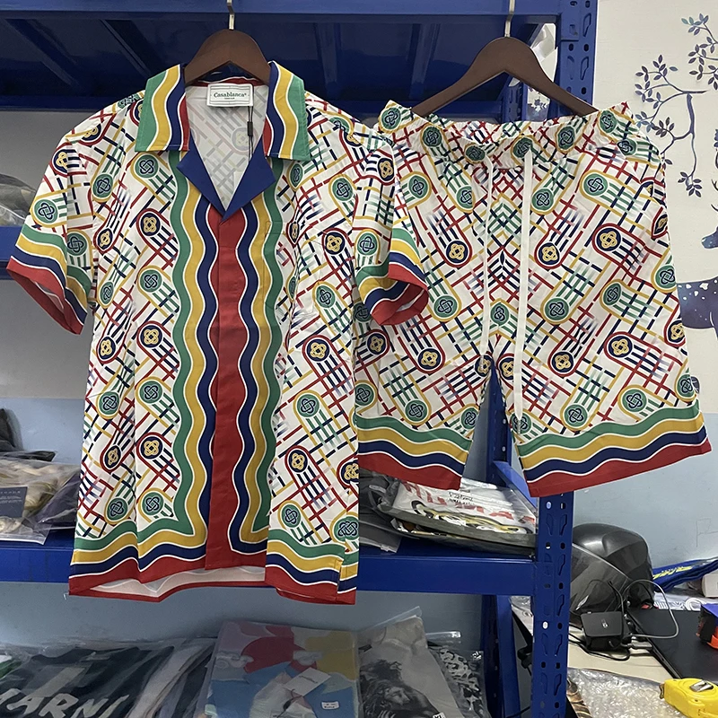 

Summer Real Casablanca Full Print Shirts Set Men Women Casablanca Fashion Stripe Shirts Street Casual Shirts Clothing