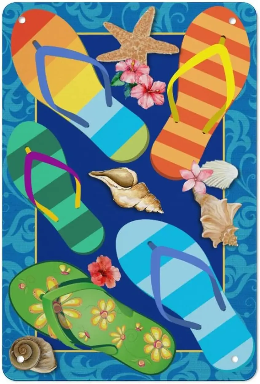 

Metal Tin Retro Sign Flip Flops Summer House Beach Nautical Vintage Novelty Bedroom Living Room Home Office Wall Art