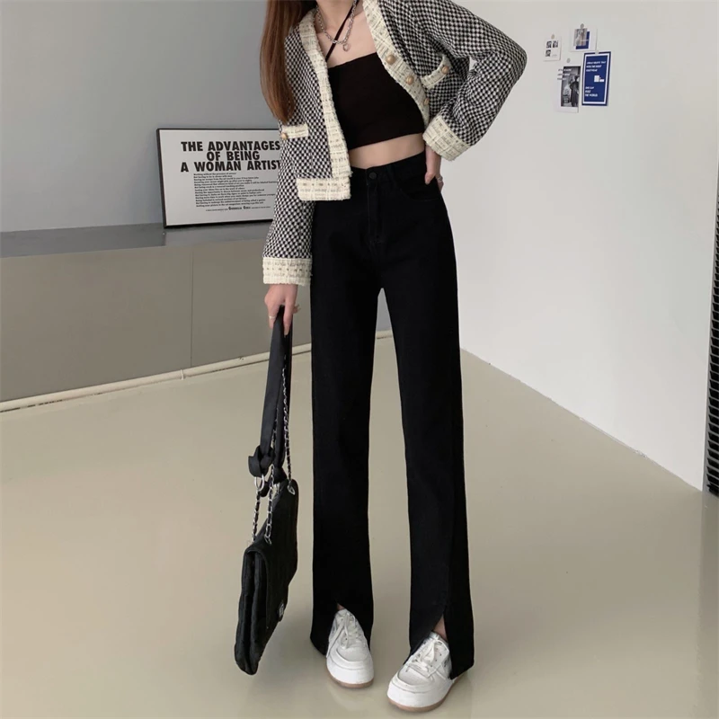 N1792  New high-waisted slim design wide-leg mopping straight trousers split jeans