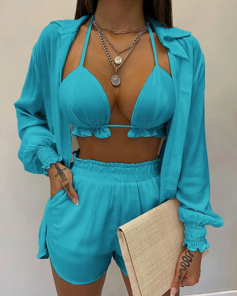 

Zoctuo Short Sets Three 3-piece Suit Women Sexy Halter Bra Long Sleeve Crop Tops Shorts Outfits Female Clothing Women's 2022