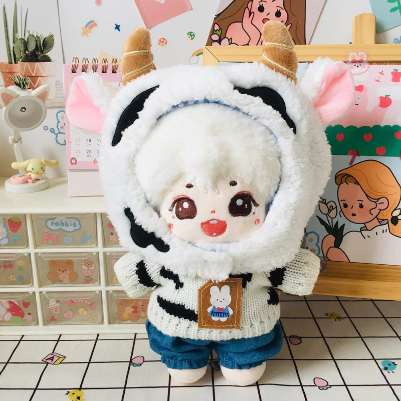 

New Arrival 3pc 20cm No Attribute Doll Clothes Plush Dolls Outfit Cow Sweater Denim Shorts Hat Set Doll's Accessories Cos Suit