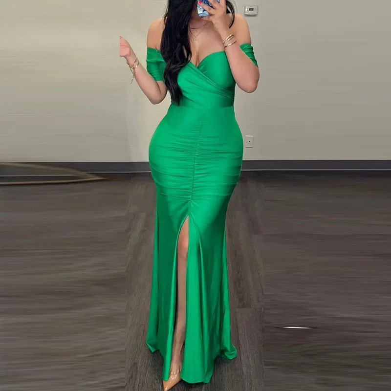 

Женское однотонное облегающее платье с V-образным вырезом, Осеннее Женское Платье макси с разрезом, элегантное платье с открытыми плечами и складками для банкета