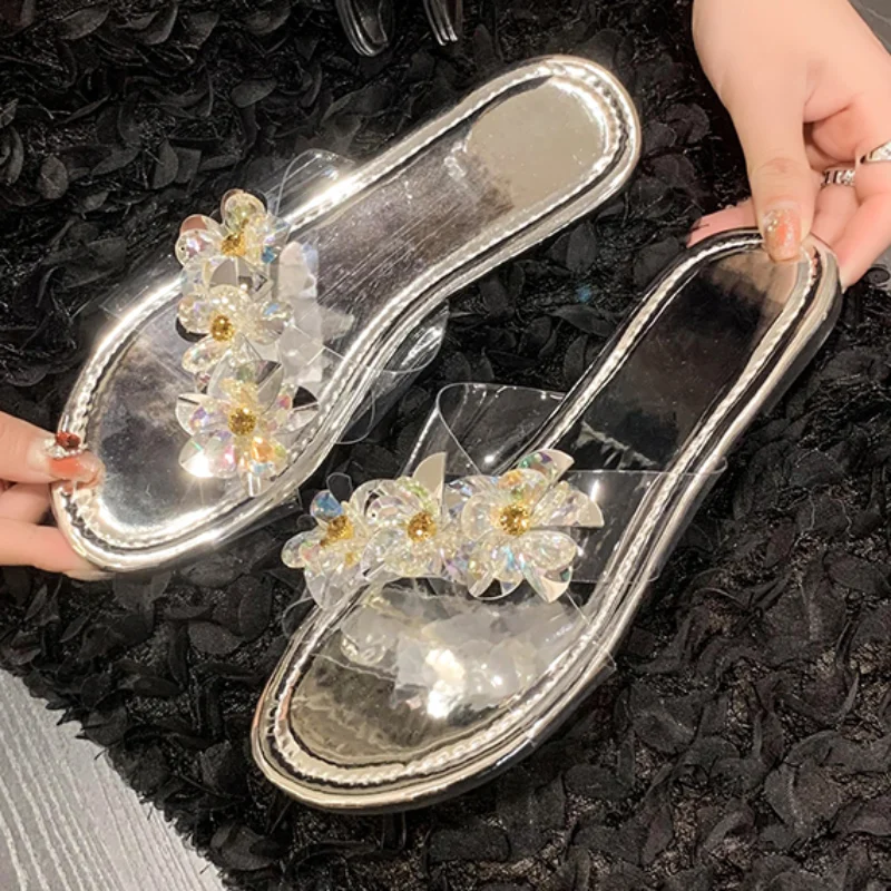 

Женские тапочки серебряного цвета, новинка 2023, модные женские тапочки на плоской подошве, женские туфли с открытым носком и кристаллами, Женская Повседневная Роскошная обувь