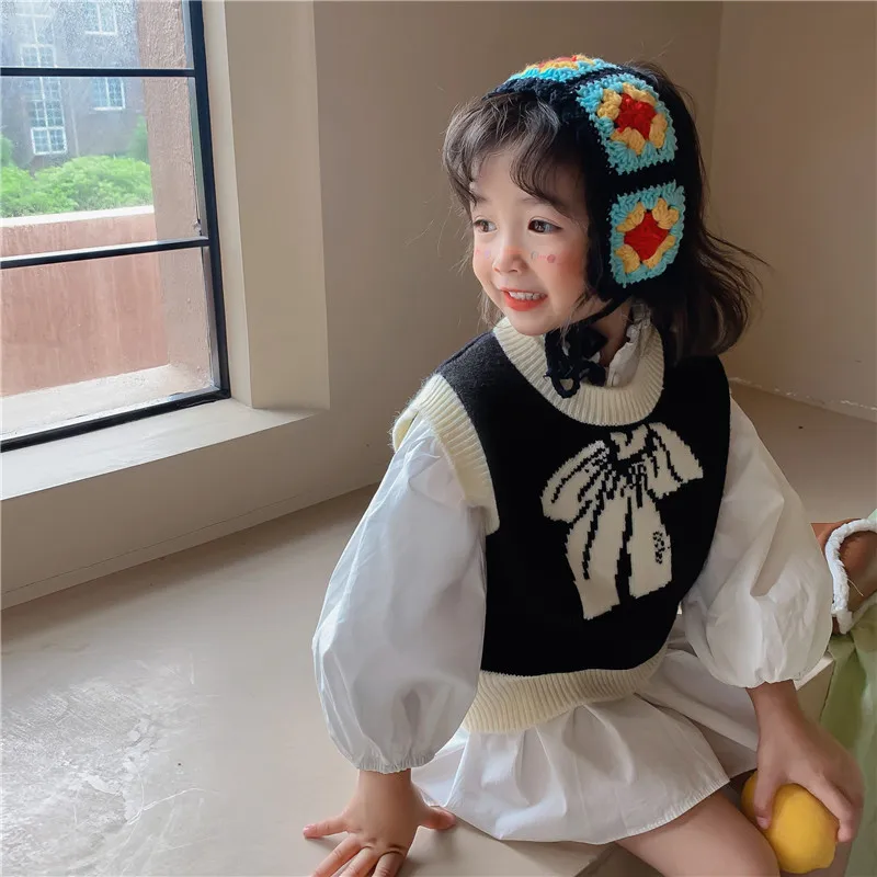 

Girl Cardigan Kids Girls Suit 2022 Autumn New Fashion Lady Korean Shirt Skirt Sweater Vest Two-Piece Dress Bow Vest