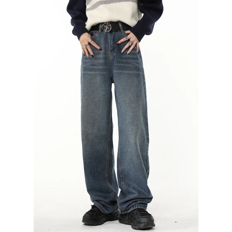 

Hot sale Vintage Blue High Waist Women Jeans Color Contrast American Fashion Streetwear Wide Leg Jean Female Trouser Baggy Denim