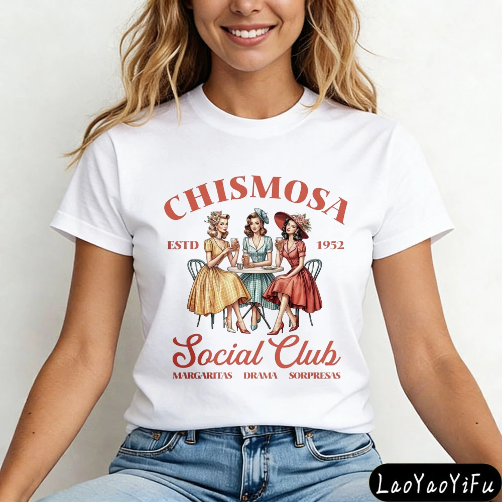 Фото Футболка Chismosa Social Club: Забавный подарок для латиноамериканок, модная хиспанская футболка, ретро-футболка для женщин в мексиканском стиле, повседневные женские рубашки №2
