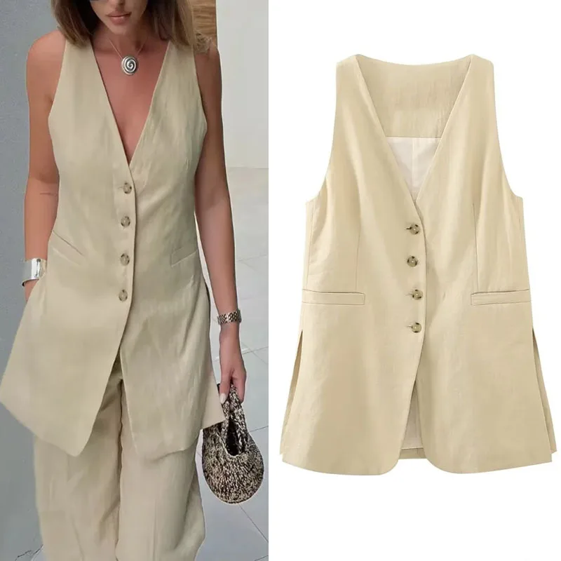 

TRAF 2023 Women V Neck Long Waistcoat Streetwear Button Sleeveless Side Slit Soild Vest New Office Lady Casual Fashion Vests