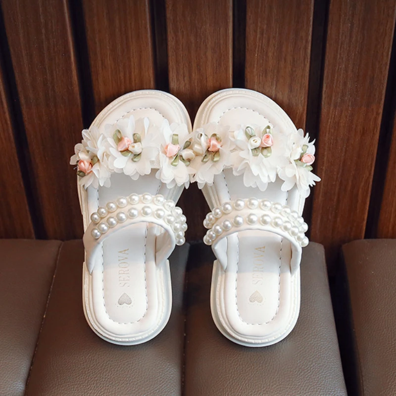 

Home Baby Girls Flower Slippers Children Pearl Beading Flip Flops Kids Breathable Non-Slip Thick Soled Summer Platform Slippers