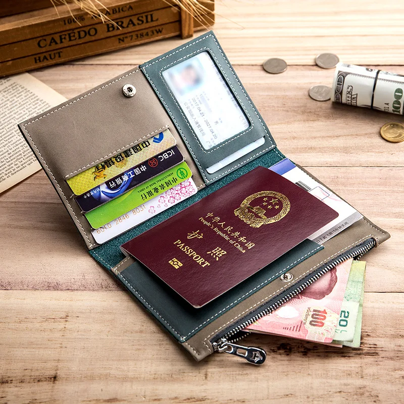 

Unisex Mutifunction Passport Cover Bag Ultrathin Money Clips Genuine Leather Passport Passenger Ticket Wallet Zipper