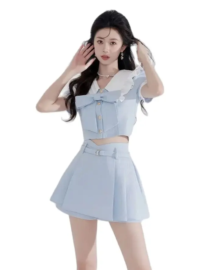 Женский комплект из двух предметов плиссированная юбка и кружевной топ с