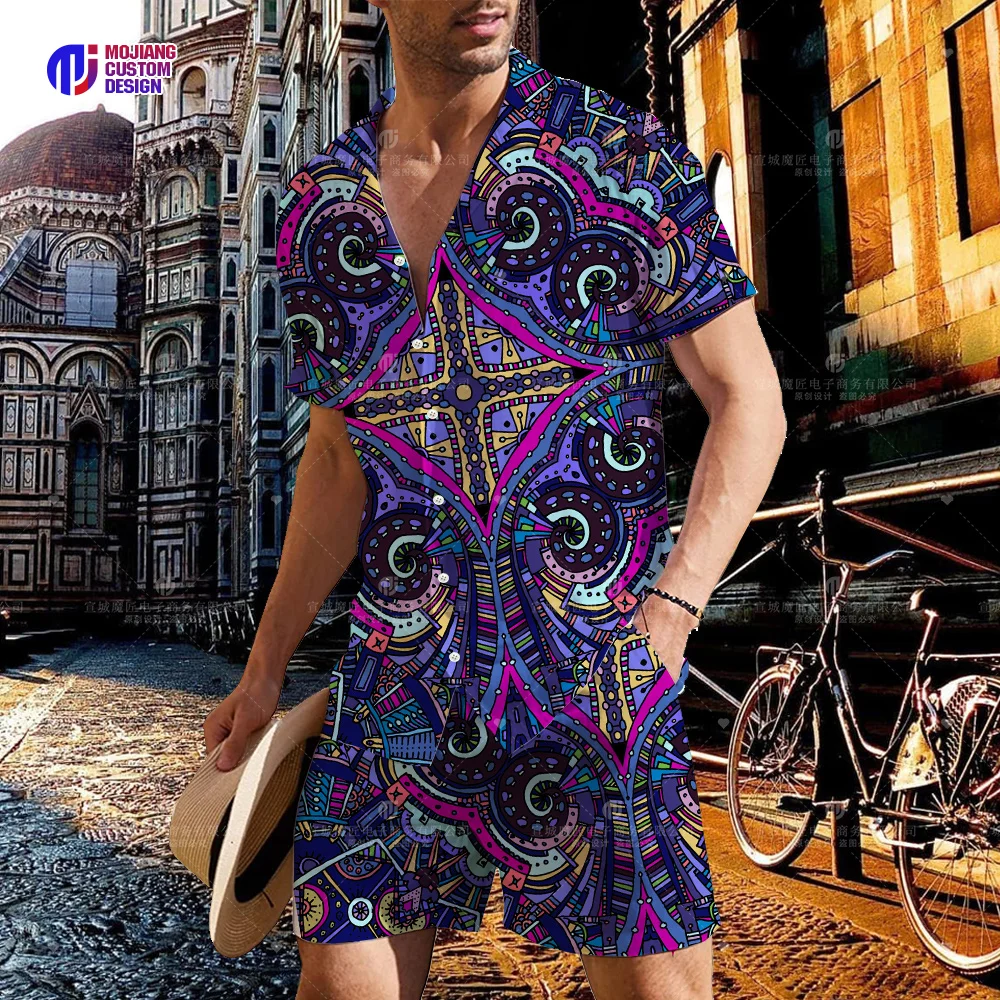 2023 Hawaiian Shirts Men Fashion Floral Geometric Print Shirts Single Breasted Beach Short Sleeve Tops Mens Vacation Wear
