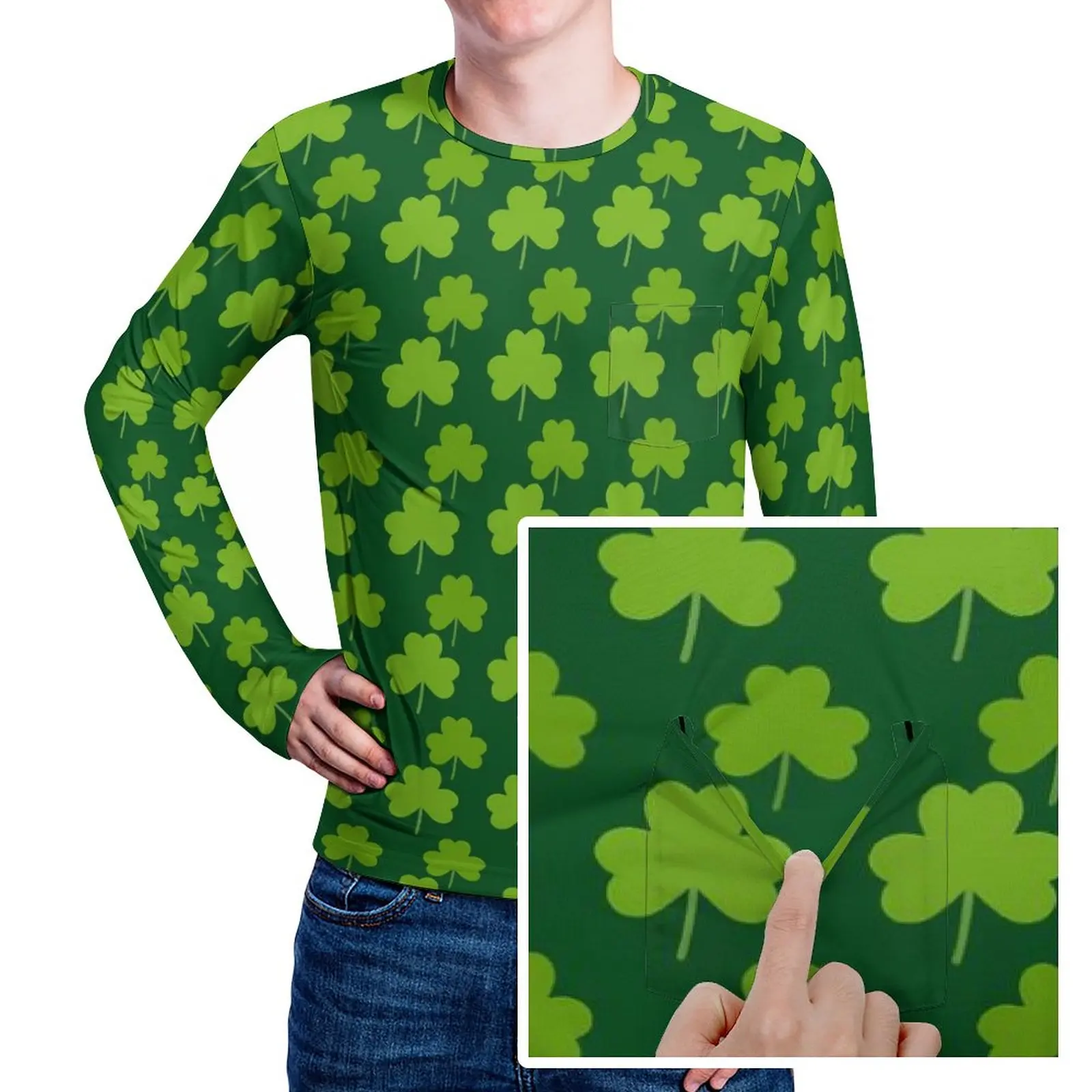 

St Patricks Day T Shirt Pocket Lucky Green Shamrock Novelty T Shirts Men Funny Tee Shirt Long Sleeve Graphic Top Tees Large Size