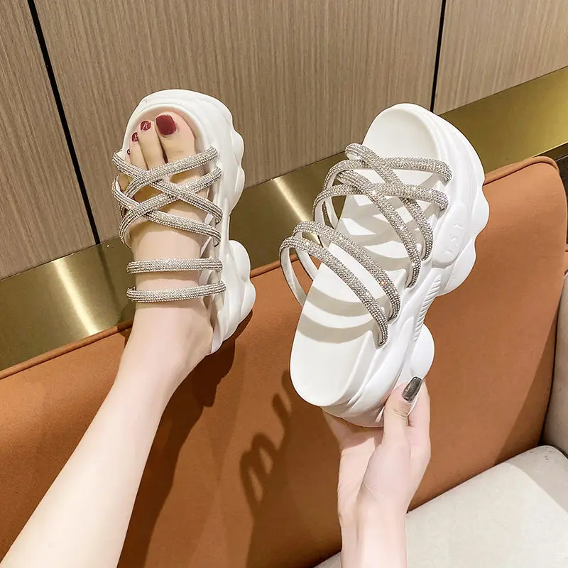 

Shoes Woman 2022 Slippers Casual Pantofle Platform Glitter Slides Heeled Mules Luxury New Soft Jelly High Flat Bonded Leather Sc