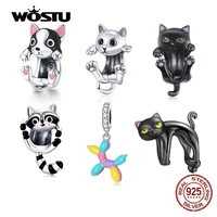 wostu 100 925 sterling silver cute kitty black cat charms animal bead for women fit original diy bracelet necklace jewelry gift