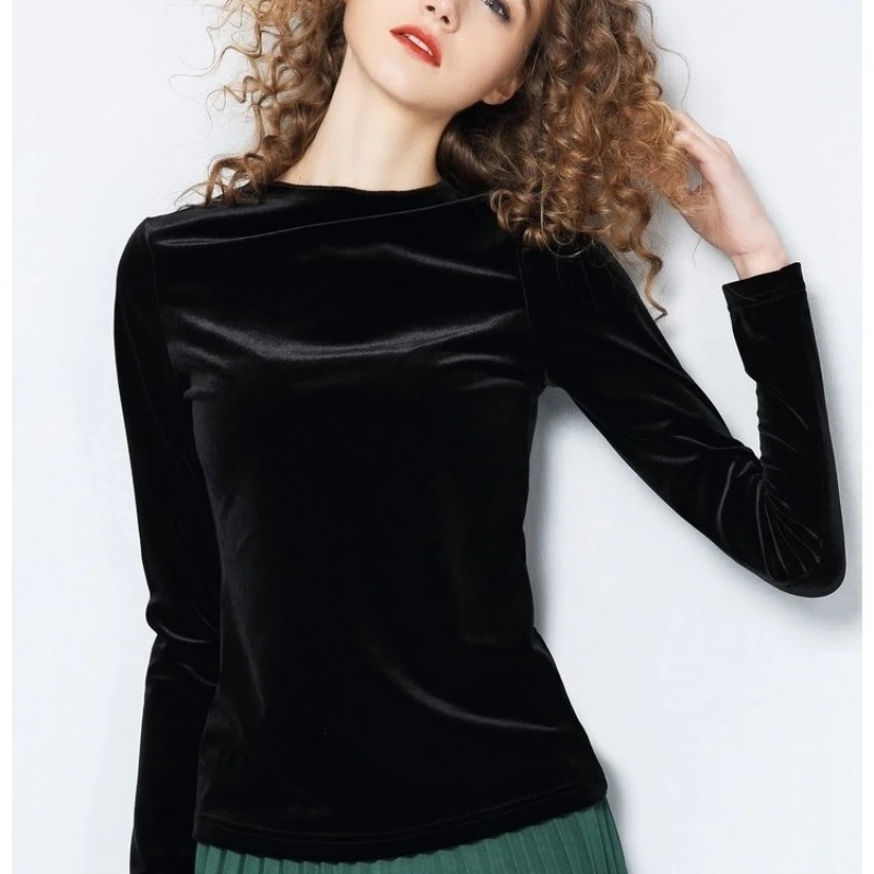 

Woman Gold Velvet T-shirt Blouse Female Long Sleeve Fashion Bottoming Shirts Ladies Solid Color Slash Neck Loose Warm Tops G428