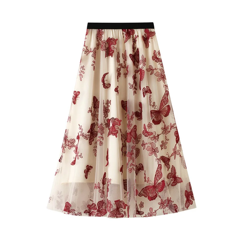 Embroidery Butterfly Two Layer Mesh Pleated Skirt Women 2022 Spring Summer High Waist Long Skirts Women Elegant