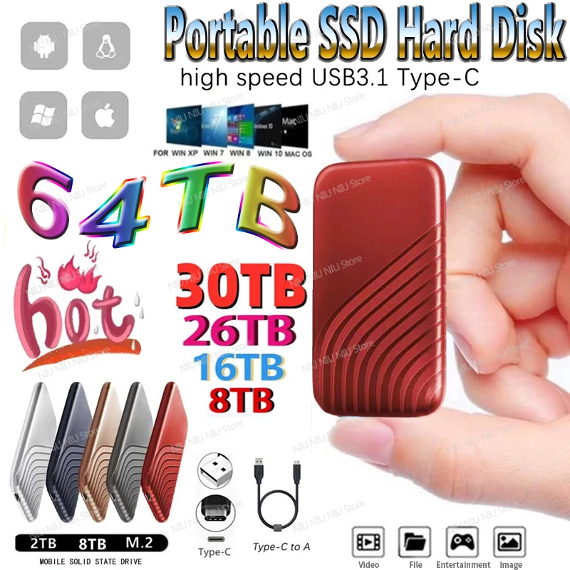 

New 100% Original High-speed 64TB 30TB SSD 8TB 1TB Portable External Solid State Hard Drive USB3.1 Interface Mobile Hard Drive