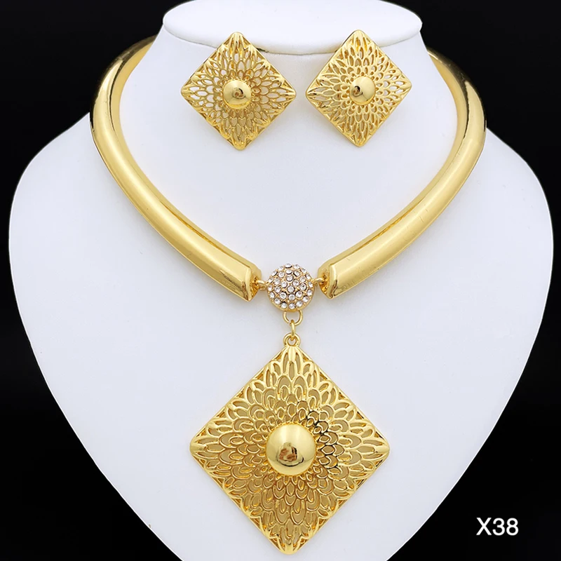 

Necklace With Earrings For Women Square Large Pendant Brazilian Gold Jewelry Set Nigeria Bride Jewelry Bijoux Africaine Dubai